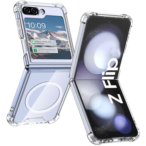 RUNGOS Magnetic Clear for Samsung Z Flip 5 Case MagSafe [Crystal Clear] [Volume Key Protection] [Wireless Charging] 10 Ft Drop Tested for Samsung Galaxy Z Flip 5 Case, Shockproof MagSafe Case 2023