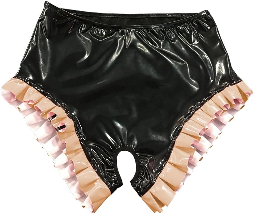 Woman Fetish PVC Leather Panties with Crotch Open Latex Look Shorts Ruffle Crotchless Black Shorts for Woman Erotic Underwear