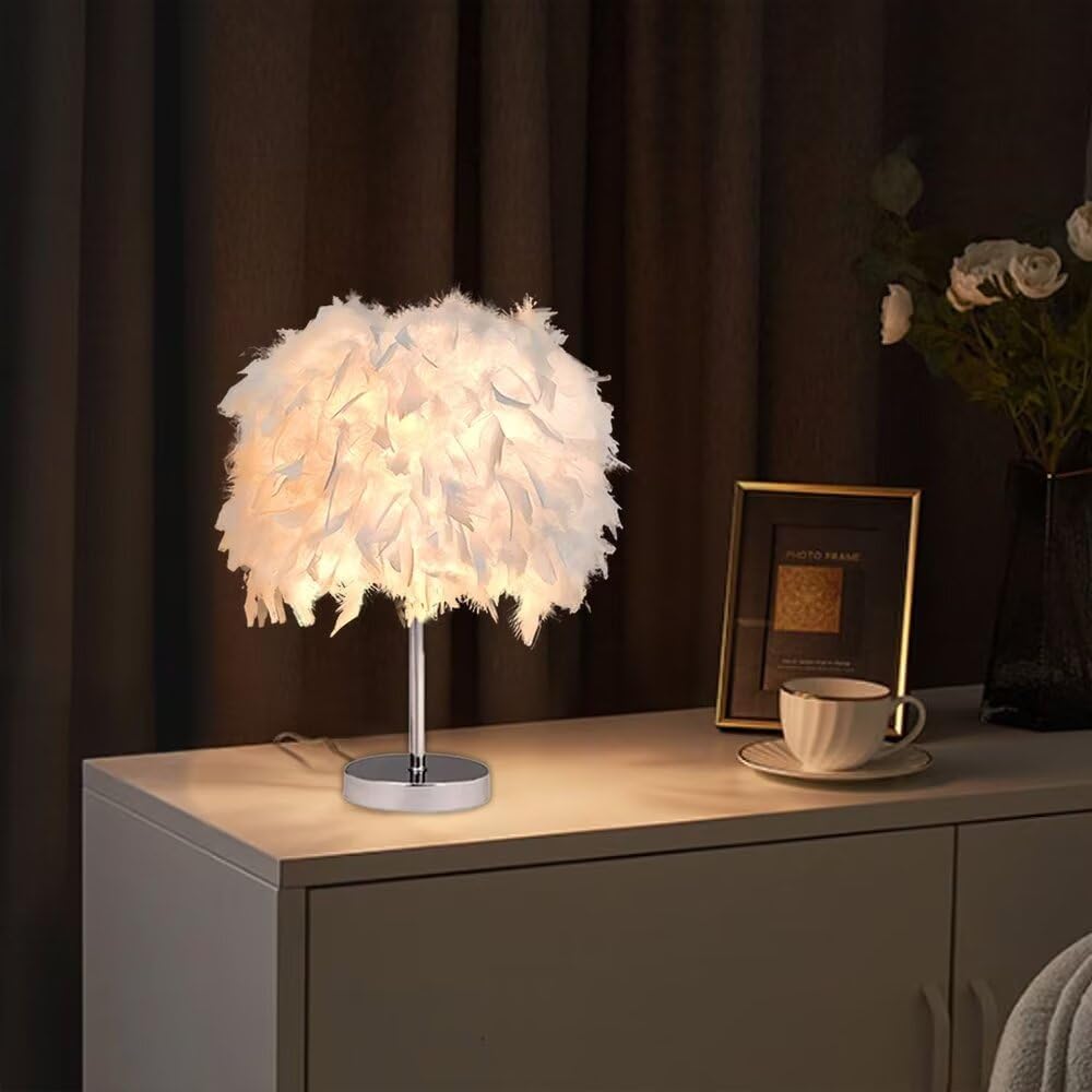 White Feather Table Lamp Bedside Lamp Table Light Desk Feather Lampshade for Bedroom, Home Decoration, Photography Props, Style 1,L