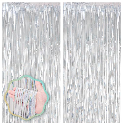 Image of Voircoloria 2 Pack Laser Silver Foil Fringe Backdrop Curtains, Tinsel Streamers Birthday Party Decorations, Fringe Backdrop for Graduation, Baby Shower, Gender Reveal, Disco Party