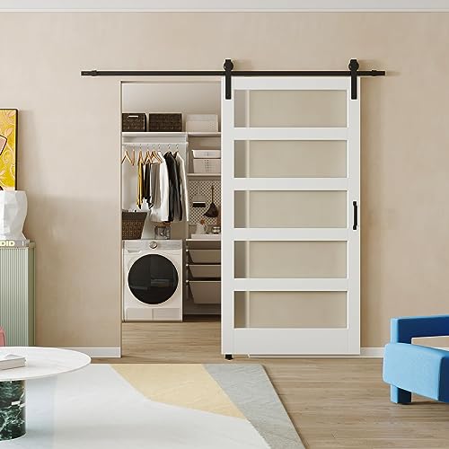 BARNER HOME 42in x 84in Sliding Barn Door, MDF, Primed, 5 Glass Panel,Need to Assemble, with 6.6ft Hardware, Handle and Floor Guide