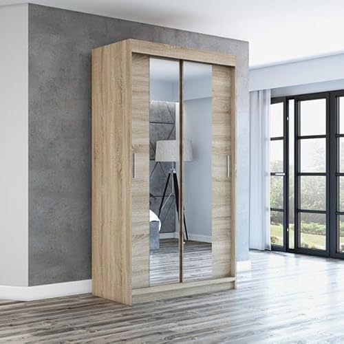 A&J MöbelLand Schwebetürenschrank NEO Kleiderschrank 2-türig mit Spiegel, Garderobe 120 cm (Sonoma Eiche)