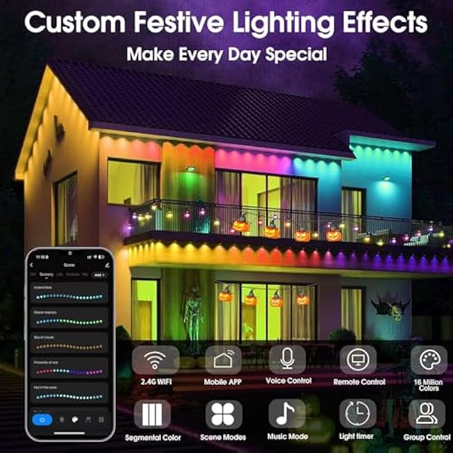 Permanent Outdoor Lights, 100ft with 72 LED Lights, IP67 Waterproof, 75 Scene Modes for Patio, Eave, Outdoor Decor, Compatible with Alexa, Google Assistant, White