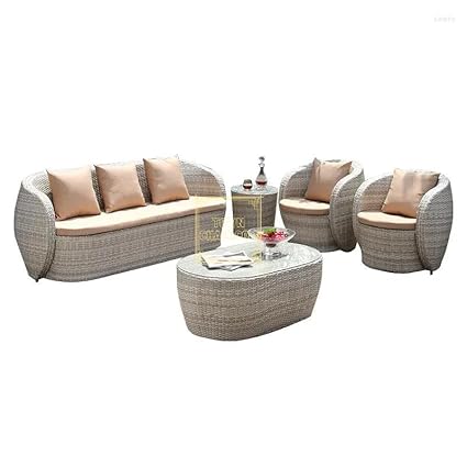 Town Chair Open Balcony Rattan Outdoor Sofa Furniture Set, 4-Piece, Grey with Beige Cushions