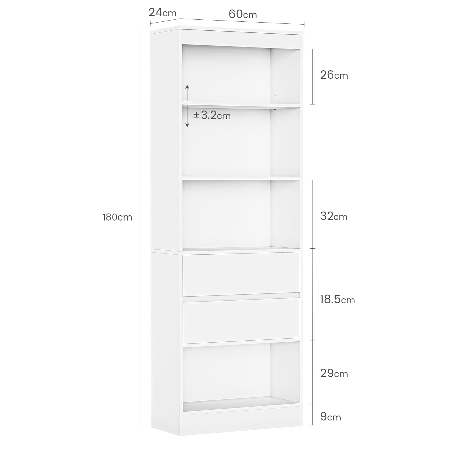 Bibliothèque, Meuble de Rangement avec 2 Grands Tiroirs et 4 Compartiments, Colonne Polyvalente avec Étagère Réglable, pour Salle de Bain, Salon, Cuisine,Facile à nettoyer, 180x60x24 CM,Blanc
