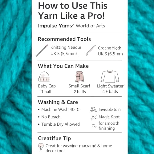 Image of WOAFashions Impulse Hand Knitting & Crochet Yarn, Premium Acrylic, 4 : Medium (Turquoise Blue) (2x100gms / 3.5oz / 200mtr / 218yds)