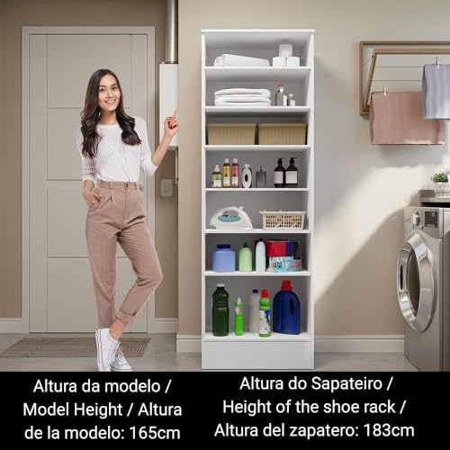 Image of Madesa Storage Cabinet, 1 Door, 5 Utility Shelves, Wooden Organisation Unit, White, 60 cm Width, for Bedroom Office, Laundry Room, Kitchen, Garage
