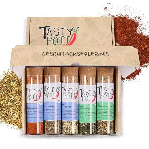 Tasty Pott Dank-Box I Bio Gewürze I Gewürz-Set I Geschenk Idee für Familie und Freunde I Gewürzmischungen I Gewürz im Glas I Geschenk Set (Gewürze der Welt, Viel Spaß und guten Hunger wünscht)