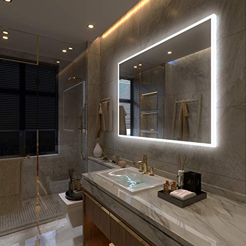 Petus PetusHouse 48 X 36 Inch LED Lighted Bathroom Mirrors, Acrylic Frame Wall Mounted White Light Dimmable Anti-Fog Memory Button Waterproof CRI>90 5MM Bedroom Mirror Vertical & Horizontal - Thumbnail 2