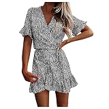 Spitze Modekleid lässige V-Ausschnitt Sommer bedrucktes Muster Frauen Blumen Frauenkleid Party Freizeitkleid Damen Kleid Blau 42