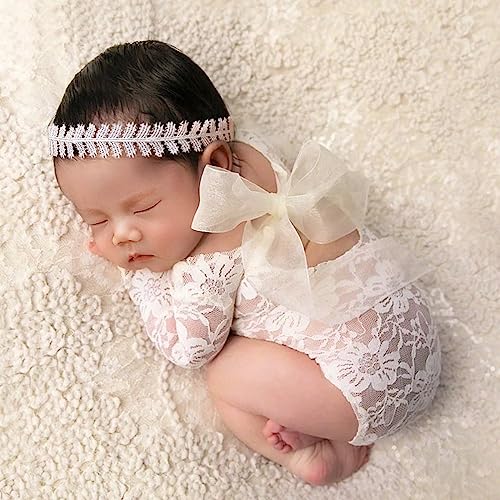 Image of Ylsteed Newborn Photography Outfits Girl Baby Photography Props Lace Romper Newborn Baby Photo Shoot Outfits Girls Photo Props (Wheat headband+White Set)