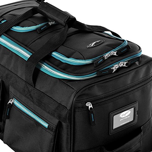Olympia 8 Pocket Rolling Duffel Bag, Black/Teal, 22 inch