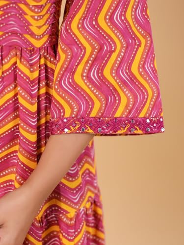 Image of SAVI Women's Pink Cotton Printed Tiered Maxi Dress | Round Neck | 3 /4 Sleeves | Gathered Waist | Flared Long Dress | Casual & Ethnic Wear