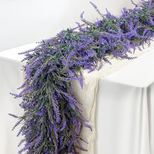 Lavender Garland Purple Flower 1Pcs 6FT Flower Garland Artificial Spring Summer Faux Lavender Leaves Vines for Table Runner Indoor Outdoor Home Wedding Bedroom Mantle Arch Backdrop Decor