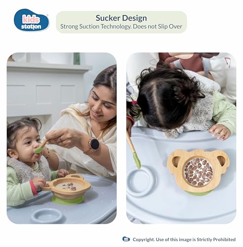Image of Kids Station Koala Design 5-Piece Silicone Feeding Set for Babies | BPA-Free, Includes Suction Plate, Bowl, Spoon, Fork & Bib | Ideal for Infants & Toddlers (Set of 5 Koala Feeding Set, Green)