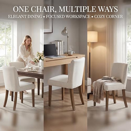 Image of Upholstered Parsons Chair Set of 2, Linen Fabric Solid White Dining Chairs with Walnut Wood Leg Cushioned Back Modern Rustic Side Chairs for Living Room /Kitchen /Dining /Restaurant