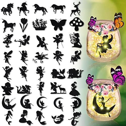 80 Pcs Fairies Laser Cut Cardboard Mermaid Silhouettes Lantern Jar Unicorn Reindeer Fairy Scrapbook Embellishment Garden Forest Decor for Gifts DIY Crafts Wall Painting Window Glass Decor