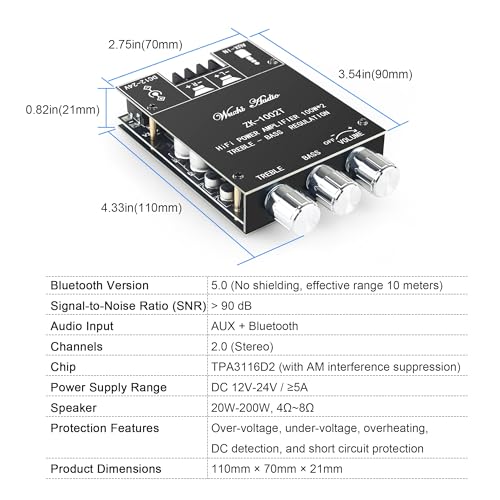 Image of ZK-1002T 200W Bluetooth Amplifier Board, DC 9-24V, BT and AUX Inputs, 2.0 Channel Stereo AMP Board with Treble and Bass Control for DIY Wireless Speakers