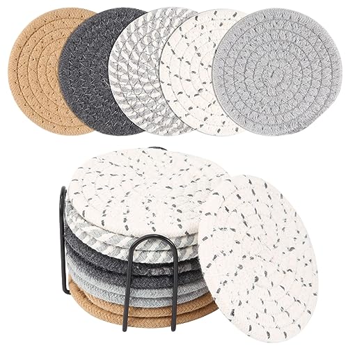 Booso 10 Posavasos con Soporte, 10 Posavasos de Vidrio Redondos de Algodón, Decoración de Mesa, Posavasos de Fieltro para Bebidas, Bares, Tazas, Vidrio