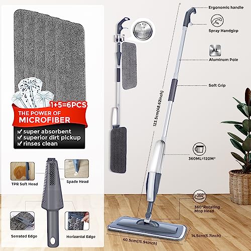 Mops For Floor Cleaning Wet Spray Mop With 6 Washable Microfiber Pads 1 Scraper 1 Mop Holder,Wood Floor Mop For Home Or Commercial Dry Wet Use Flat Mop For Wall,Hardwood,Vinyl,Laminate,Ceramic,Tile #TOP2
