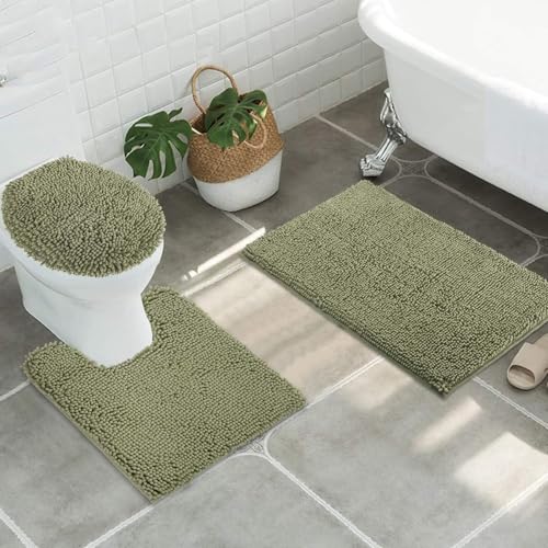Standard 3pc Set Chenille Bath Mats Includes 21x24 U-Shaped Contour Toilet Rug 21x34 Inches Bathmat and 1 Toilet Lid Cover Plush Absorbent Bath Mats Quick Dry Sage Green