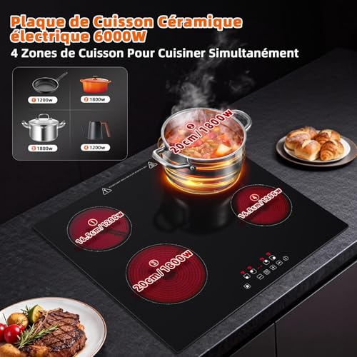 Plaque vitrocéramique 4 feux encastrable commande tactile minuteur 60cm - 4