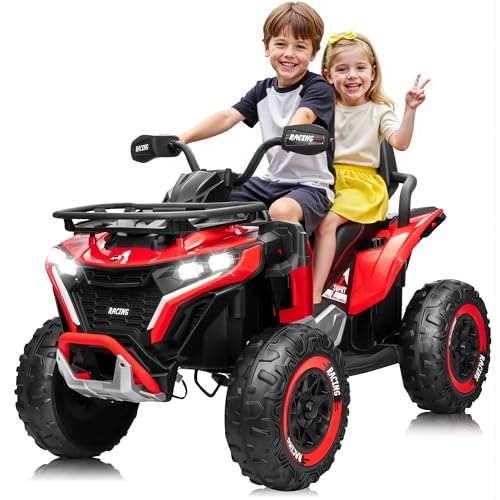 ANRLI 24V Ride on Car, Kids ATV XL Four Wheeler w/EVA Tire, 19-Inch Leather 2 Seater, 4X200W Motor, Remote Control, Knee Pad&Flower, 24 Volt Ride on Toys Electric Quad for Big Kids, Red