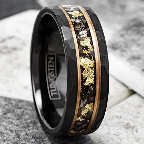 Beautiful 6mm/8mm Brushed Satin Finish Black Tungsten Carbide Faceted Flat Band Ring with Gold Leaf and Black Faux Meteorite Inlay between Rose Gold Stripes.4