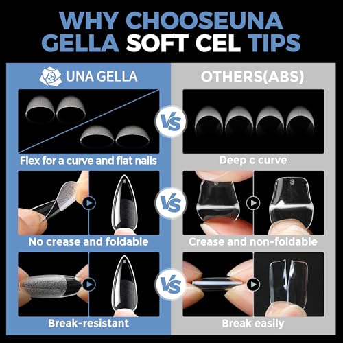 Image of UNA GELLA Medium Stiletto Gel Nail Tips Full Cover 216Pcs Almond Shape Nails Tips Stiletto Pre etched Soft Gel Nails Clear Fake False Nail Tip For Home Art Salon 12 Sizes