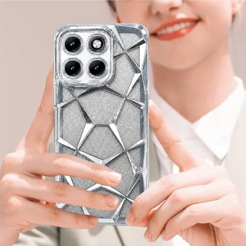 Image of VONZEE Gradient Glitter Case for Moto Edge 70 Fusion, Luxury Electroplated 3D Cube, Diamond Bling Shiny Soft TPU Clear Shockproof Women Girls Protective Phone Cover (Silver)