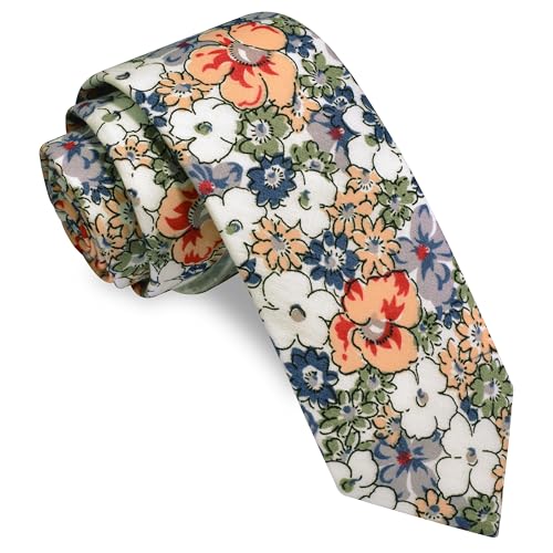 Image of GUSLESON Fashion 2.4 inch（6cm） Floral Skinny Tie for Men Slim Flower Print Cotton Necktie for Wedding Party