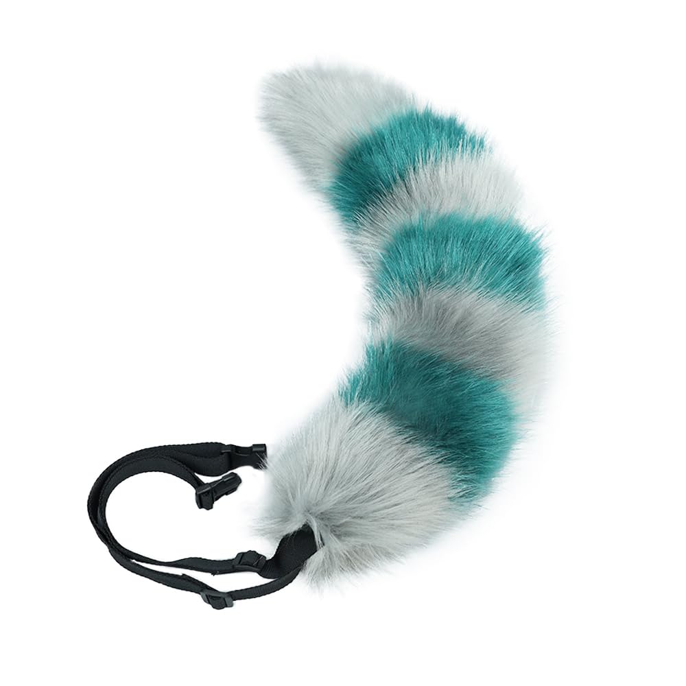 ILUFAM Faux Fur Striped Wolf Fox Tail 60cm Furry Animal Tail For Halloween Party Costume Accessories Cosplay Dress Up (Grey&Green) โ image 1