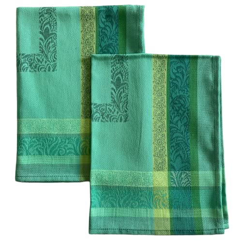 Le Cluny French Jacquard Kitchen Dish/Tea Towels Set Of 2 – 100% Woven Cotton Teflon Finish – 26” X 20”- Made In France (Lea Green) #TOP27