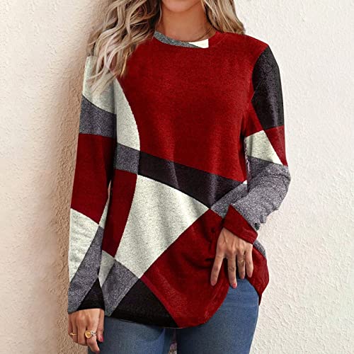 Womens 2022 Fall Fashion Shirts Dressy Casual Long Sleeve Trendy Geometric Tunic Tops Plus Size Crewneck Sweatshirts(E#Red,3X-Large) #TOP1