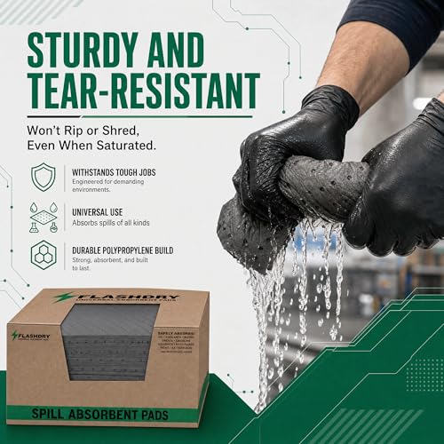 Image of FLASHDRY Universal Spill Absorbent Pads, 100-Count Dispenser Box, 17.5 inch x 13.5 inch, Absorbs Oil, Grease, Coolant & Solvents, for Garages, Warehouses, Factories & Industrial Facilities