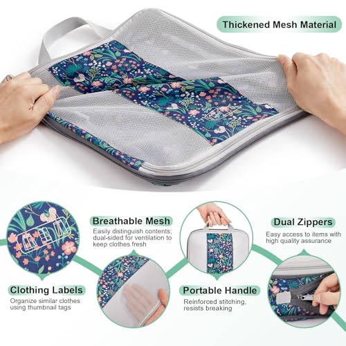 Image of OlarHike 10-Pack Compression Packing Cubes for Travel Essentials,Compressible Expandable Storage Bags for Suitcase,Luggage Garment Bags for Travel,Handy Helper for Organizing Clothes(Dark Blue Floral)