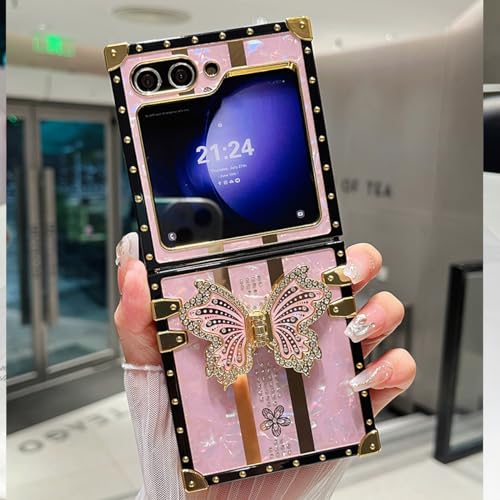 Changjia for Samsung Galaxy Z Flip 7 5G Glitter Kickstand Case, Cute Luxury Bling Sparkly Diamond Butterfly with Foldable Stand Elegant Shockproof Women Girls Protective Cover for Galaxy Z Flip 7,Pink by Changjia - Image 3