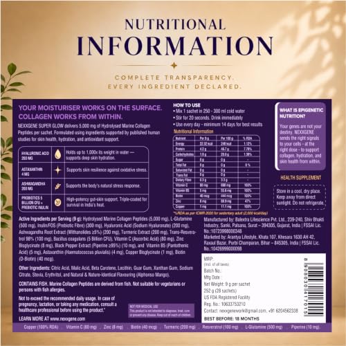 Image of Super Glow | Skin Radiance Drink Mix | 5000mg Hydrolyzed Marine Collagen Peptides Type I & III, +14 Active Ingredients | Astaxanthin, Hyaluronic Acid, Resveratrol, 5 Billion CFUs Probiotics | Alphonso Mango Flavour | 14 Sachets | 2 Weeks Supply