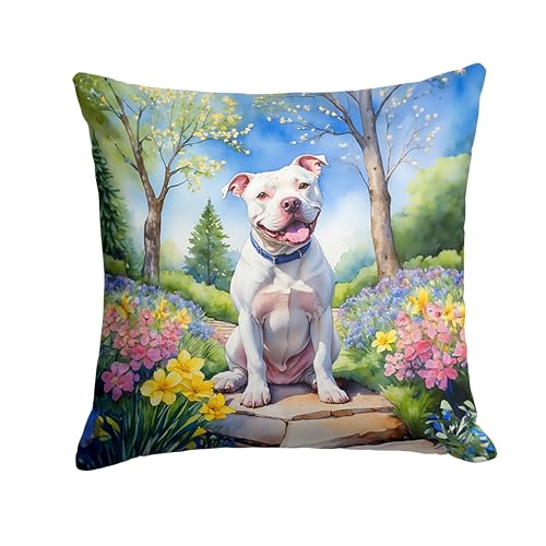 Caroline's Treasures Pit Bull Terrier Spring Path Throw Pillow Machine Washable, Indoor Outdoor Decorative Pillow for Couch, Bed or Patio, 18Hx18W