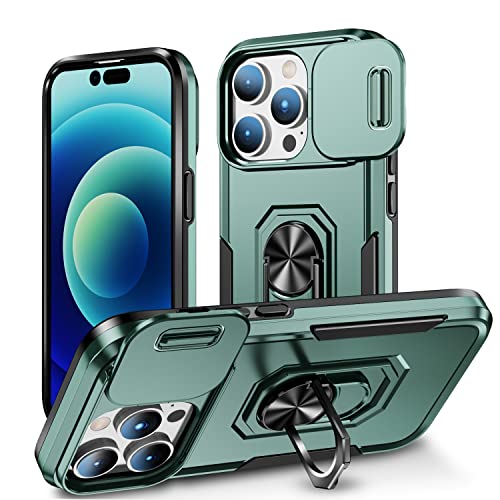 Image of Polycarbonate Back Cover Case Compatible for Apple iPhone 14 Pro with Slide Camera Cover & Rotated Ring Stand | Military Grade Mobile Phone Cover Case for Apple iPhone 14 Pro (Green)