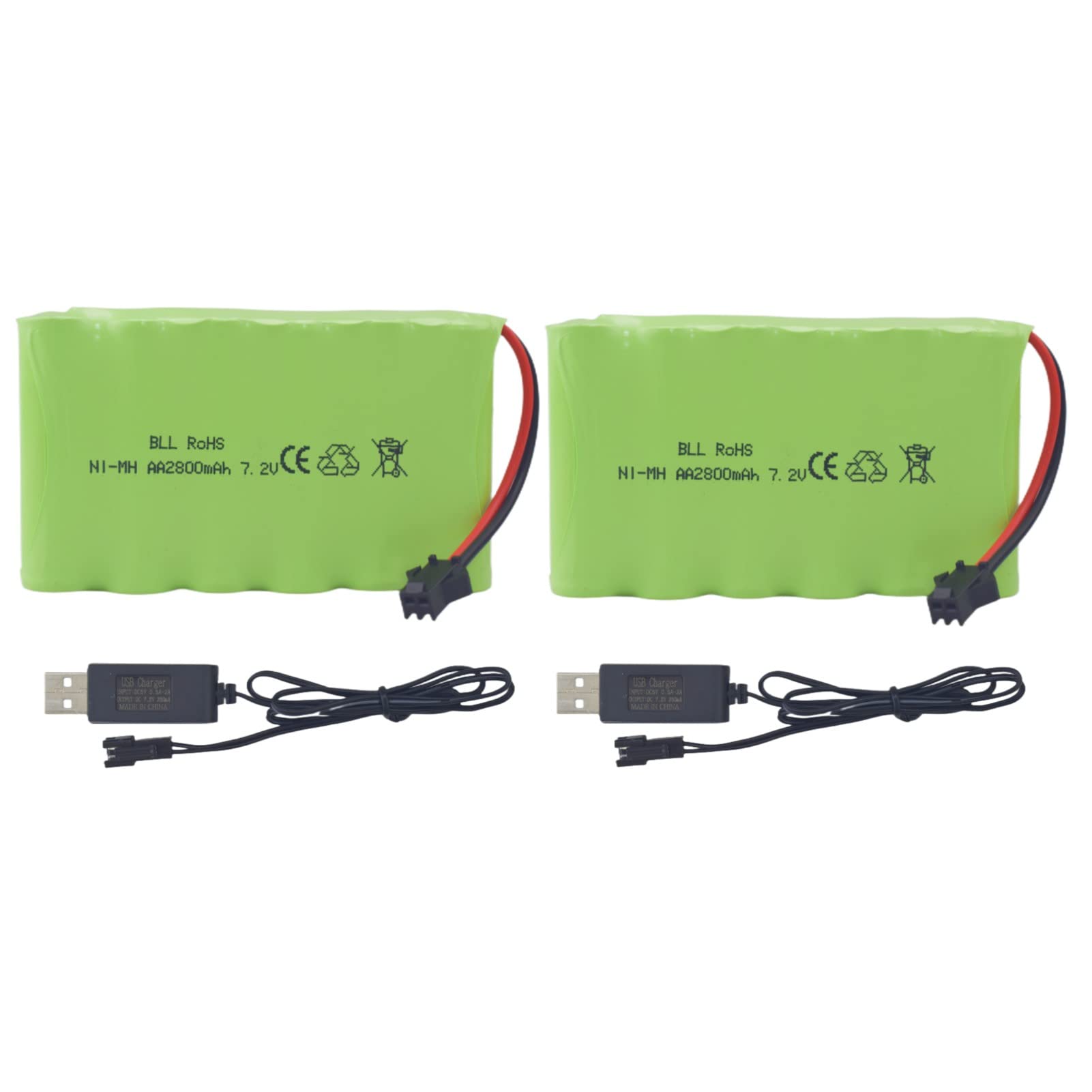 2 Batteries 7.2V 2800mAh NiMH Avec Prise SM-2P Et Câble USB – Compatible Huina 1550, 550, TR-211, RC Camion Engin