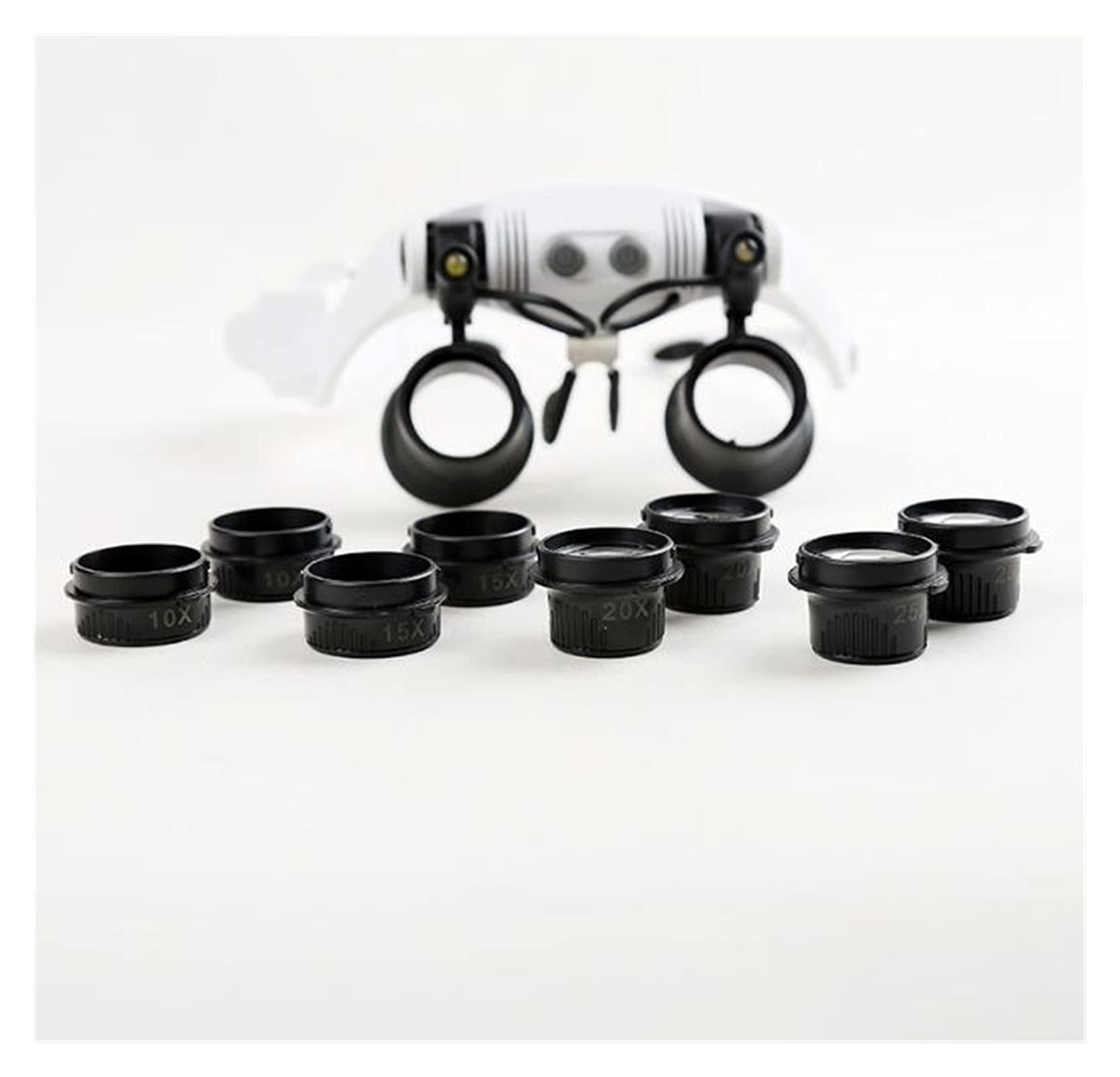 Lupa de Diadema, Lupa de Cabeza, Gafas de 10X, 15X, 20X y 25X, Lupa de Doble Ojo, Lupa para joyero, reparación de Relojes, medición con lámpara de 8 Lentes.