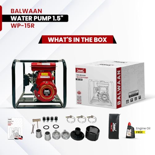 Image of Balwaan Krishi 1.5 Inch Outlet 98 CC Powerful 4 Stroke Petrol Engine Water Pump (Black) | for Agriculture, Construction, Water Supply and Draining Flooded Areas | Get 1 Engine Oil Bottle | WP-15R