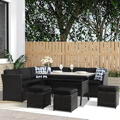LOUVIXA 7 Pieces Patio Dining Sets, Patio Furniture Set, All Weather Wicker Conversation Set with Ottoman, Sectional Sofa with Dining Table and Chair (6217 Black)