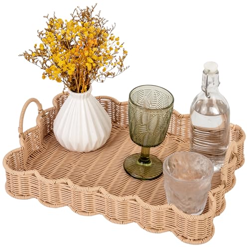 GRANNY SAYS Scalloped Edge Rectangle Wicker Serving Tray, Coffee Table Tray, Serving Trays with Handles, Decorative Tray for Entryway, Coffee Table, Woven Tray for Serving, 15 ¾