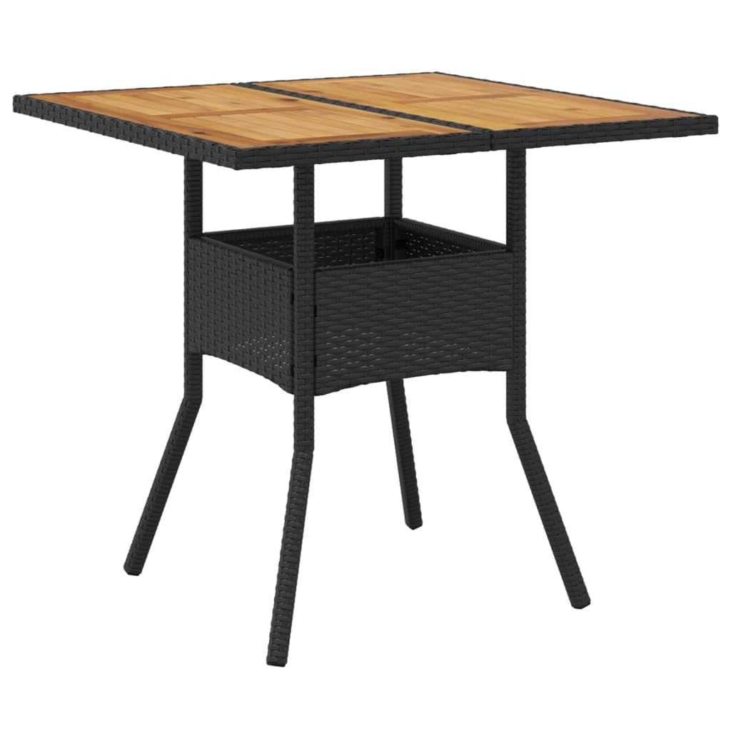 Poly Rattan stół ogrodowy, czarny, 80 x 80 x 75 cm | Blat stołu z drewna akacjowego, malowana proszkowo rama stalowa, odporna na warunki atmosferyczne, łatwa w pielęgnacji