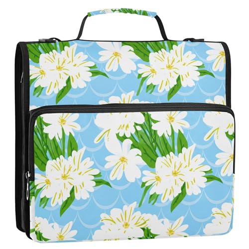 ホワイトフラワー グリーンリーフ ブルー ファスナー付きバインダーオーガナイザー 3リングバインダー 1.5インチ Dリングキーパー バインダーバッグ ストラップ付き 学校ポートフォリオ用 500枚ホルダー