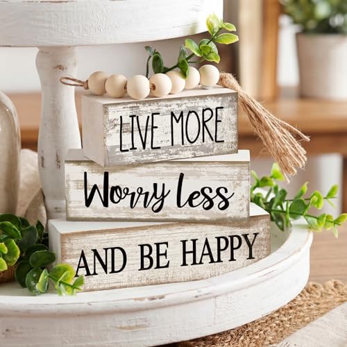 Image of Moucuny 4 Pcs Inspirational Farmhouse Table Decor Rustic Stacked Wooden Block Sign - Live More Worry Less Be Happy Centerpieces Set with Beaded Tassel and Artificial Plant for Home, Office, Shelf Gift