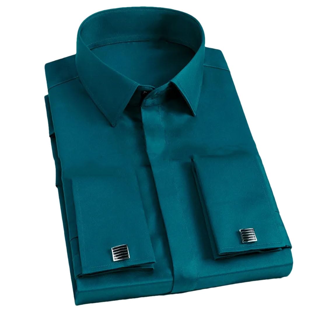 Alloaone Camicia da uomo a maniche lunghe con bottoni e polsini francesi, camicia da sposa con gemelli