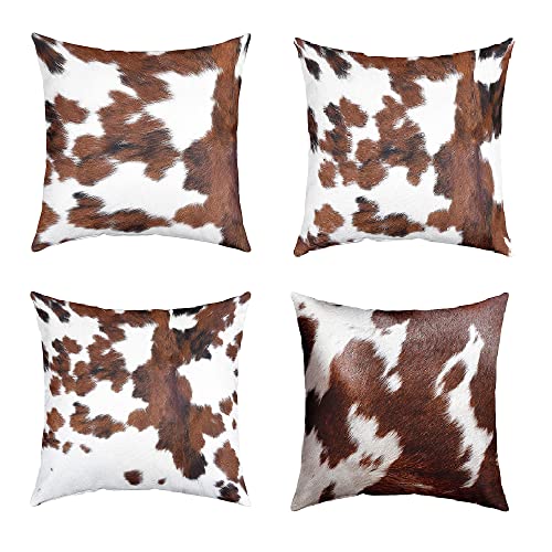 Set de 4 housses de coussin en peau de vache 40x40, décoration western pour la maison, housses de coussin décoratives en peau de vache brun blanc noir, housses de coussin de ferme animal cowboy pour